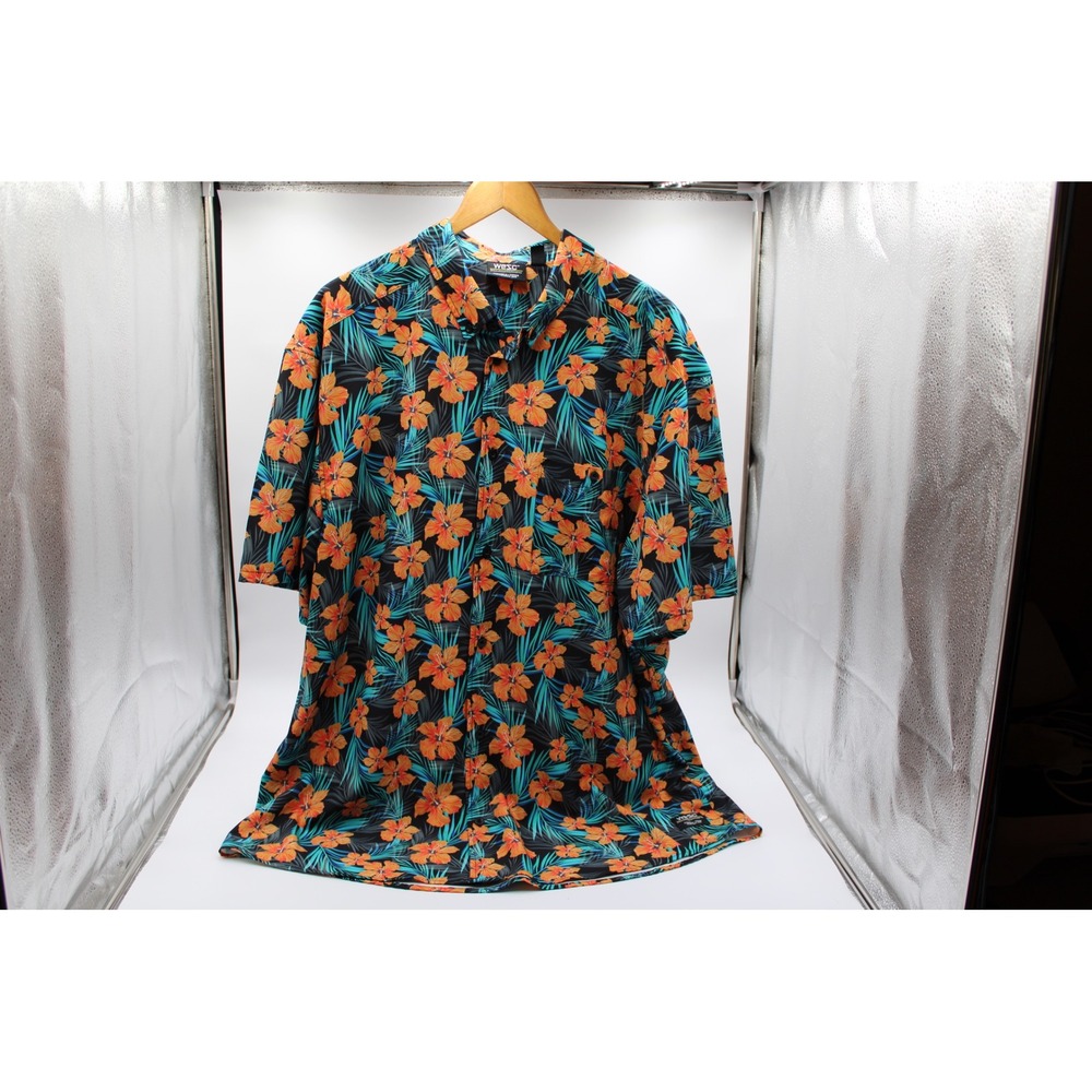WeSC Button Down Shirt Black Orange Floral Hibiscus Tropical XXL Short Sleeve